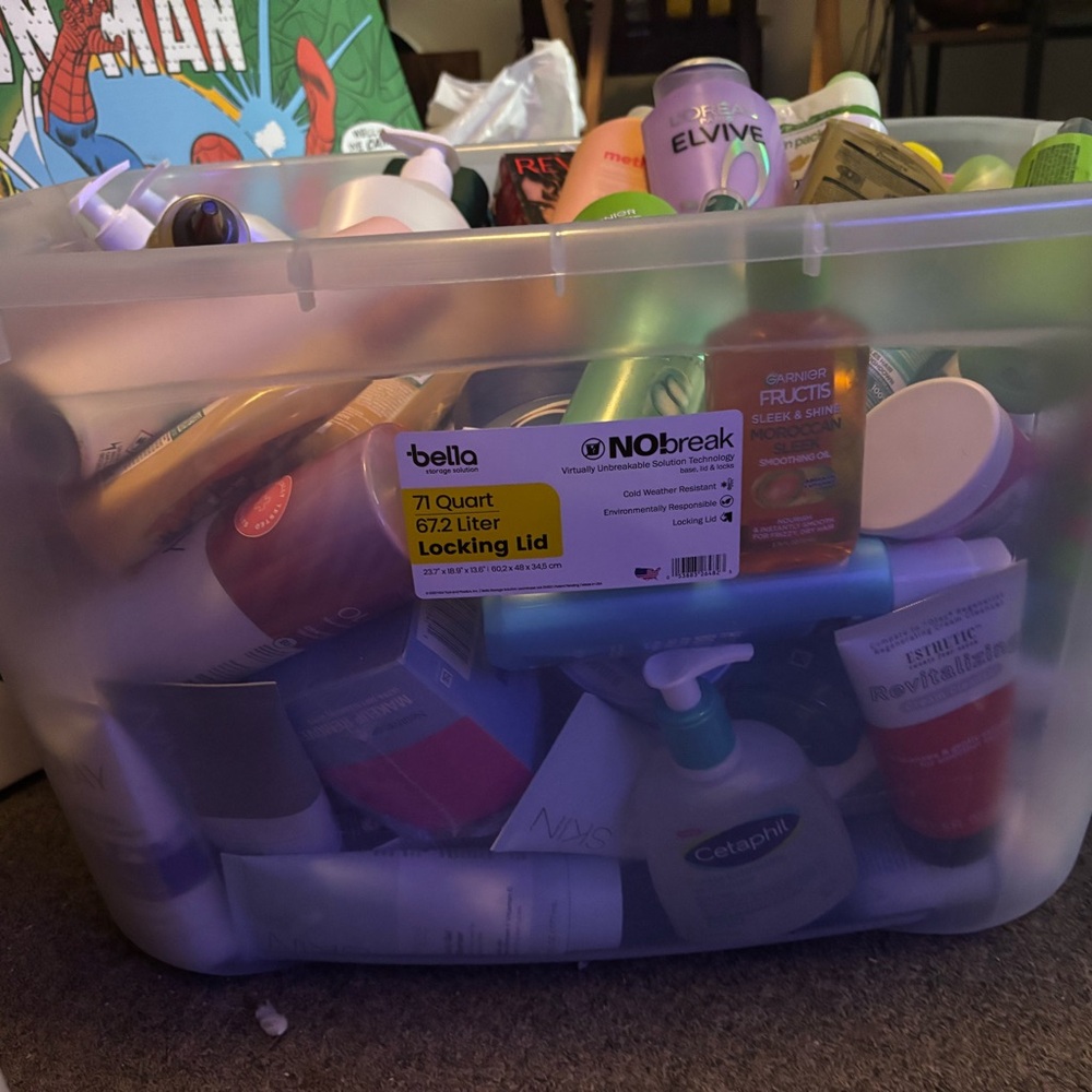 Large Storage Bin with Assorted Toiletries
